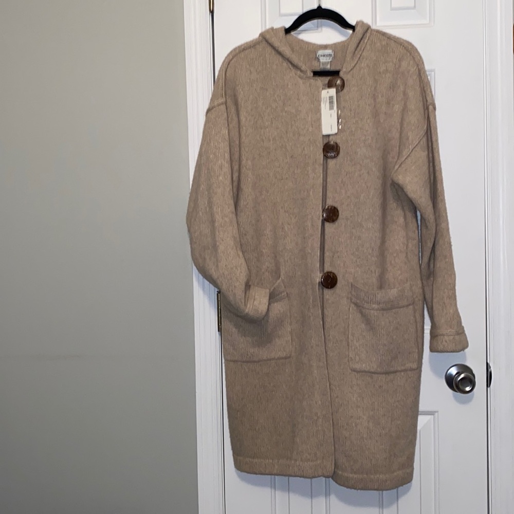 NWT Chicos size 1 khaki long cardigan coat 2 pockets 4 button front closure